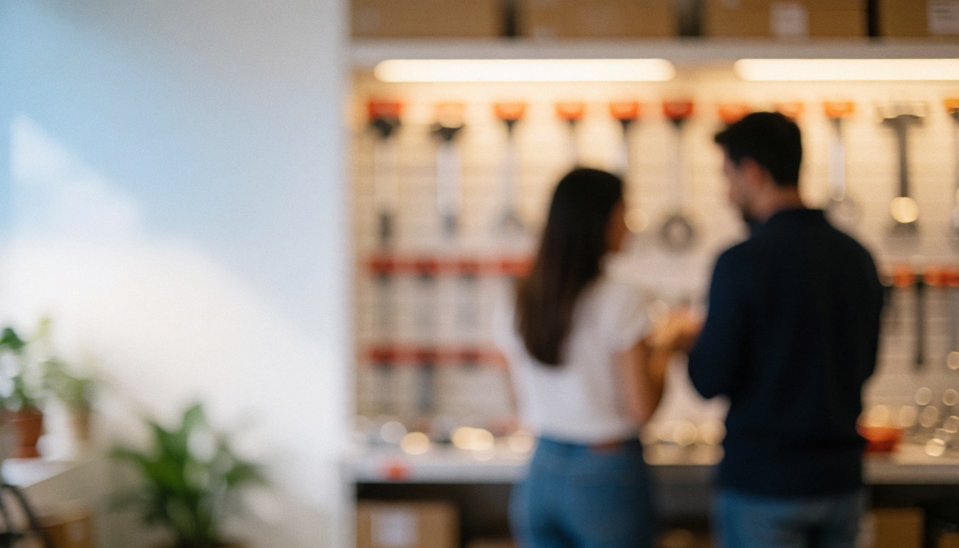 Soft focus background of a hardware store interior featuring warm lighting and empty space for text overlay with people standing in the distance
