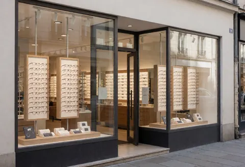 Clean storefront with large windows displaying eyeglass frames on shelves, inviting customers inside with an open entrance and bright lighting.