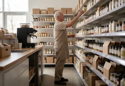 An older man reaches for an item on a shelf in a minimarket, surrounded by boxes, bottles, and kitchenware near a window.