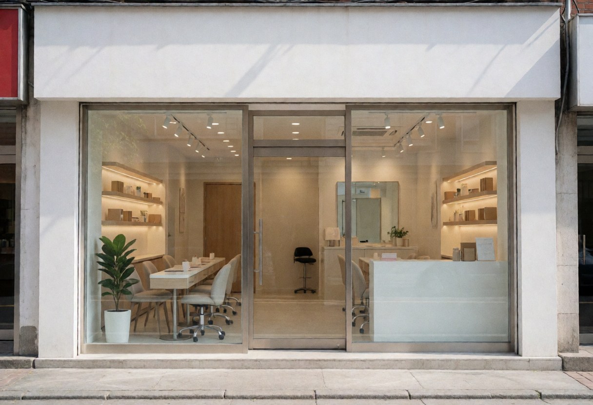 Exterior view of a modern nail salon featuring large windows, warm interior lighting, and visible furniture creating a cozy atmosphere.
