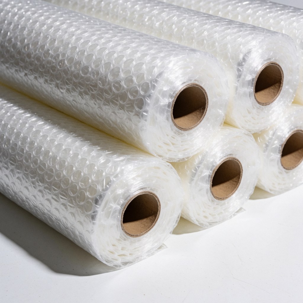 A close-up view of a roll of clear protective bubble wrap used for packaging and moving items safely during logistics and transportation