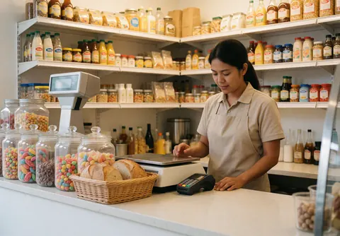 A cashier stands behind the counter of a bodega, surrounded by fresh bread, sweets, and a scale, under warm professional lighting.