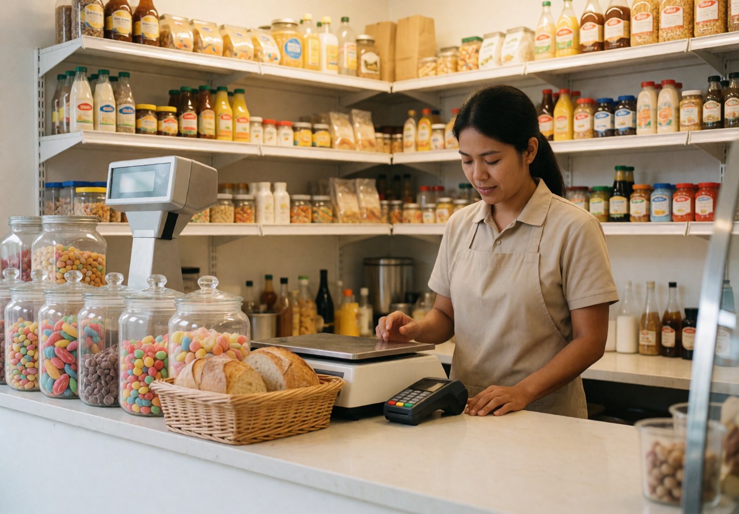 A cashier stands behind the counter of a bodega, surrounded by fresh bread, sweets, and a scale, under warm professional lighting.