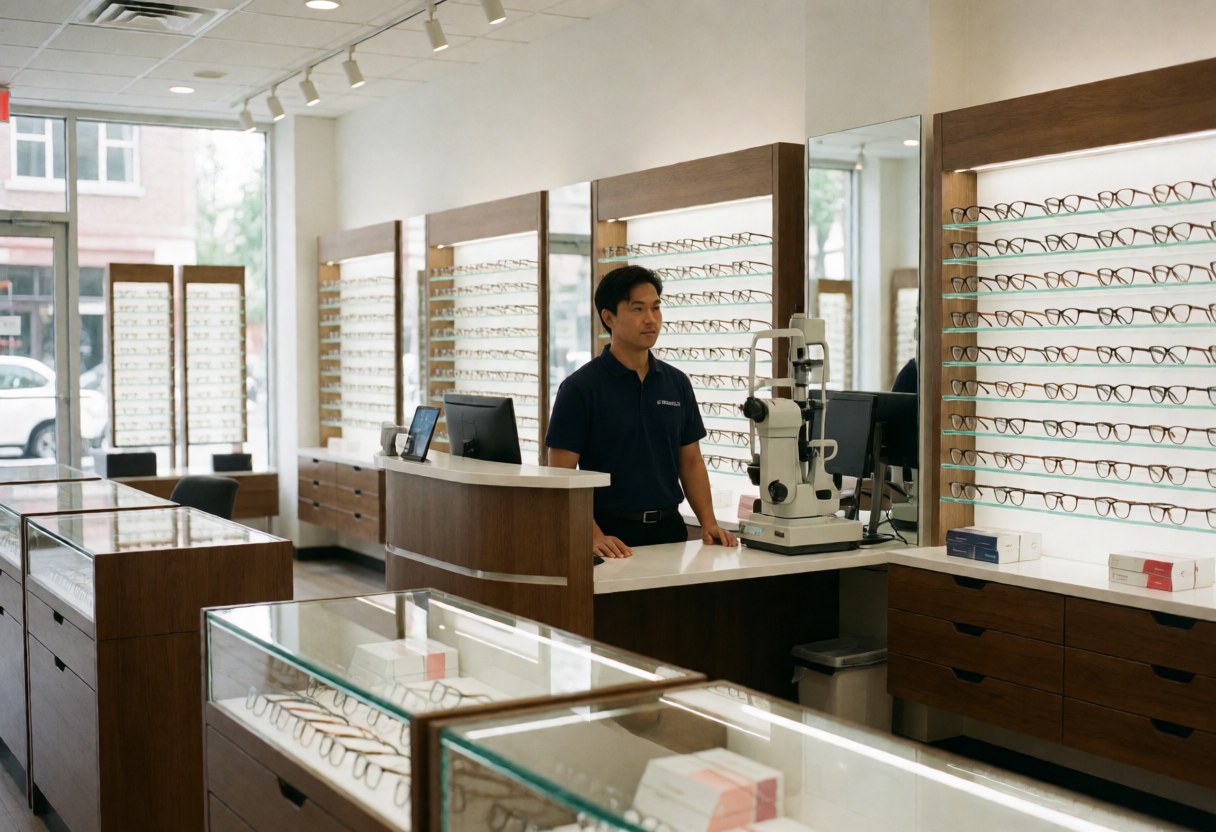 Clean modern optical shop interior featuring a staff member at the counter, eyeglass display cases, measurement equipment, and natural light creating a professional atmosphere.