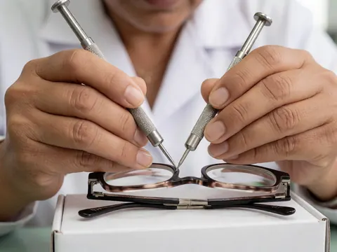 Close-up of hands using metal tools to tighten screws on eyeglass frames in an optical workshop with professional lighting and a blurred background.