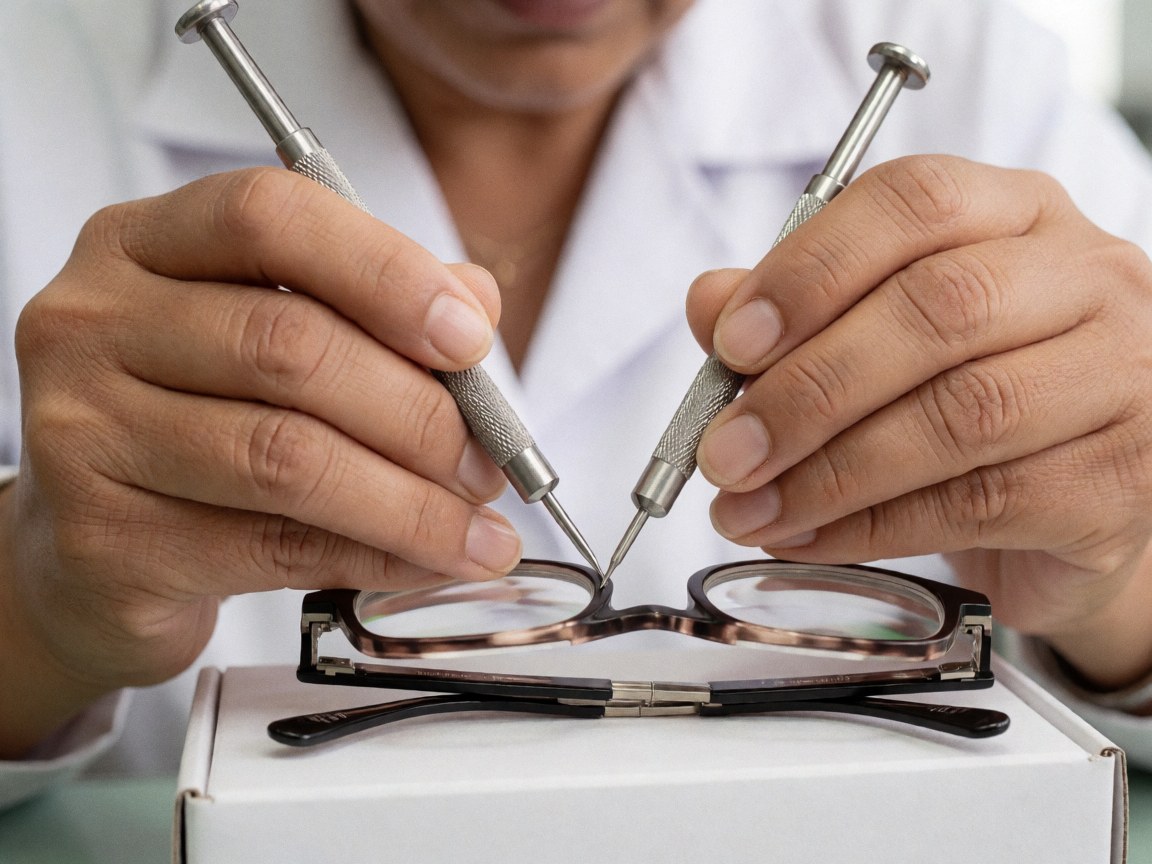 Close-up of hands using metal tools to tighten screws on eyeglass frames in an optical workshop with professional lighting and a blurred background.