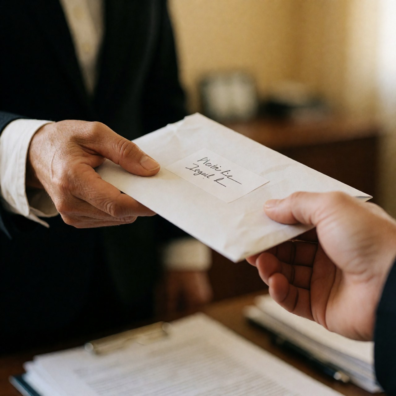 A professional lawyer in a suit hands a legal document envelope to a client in an office setting