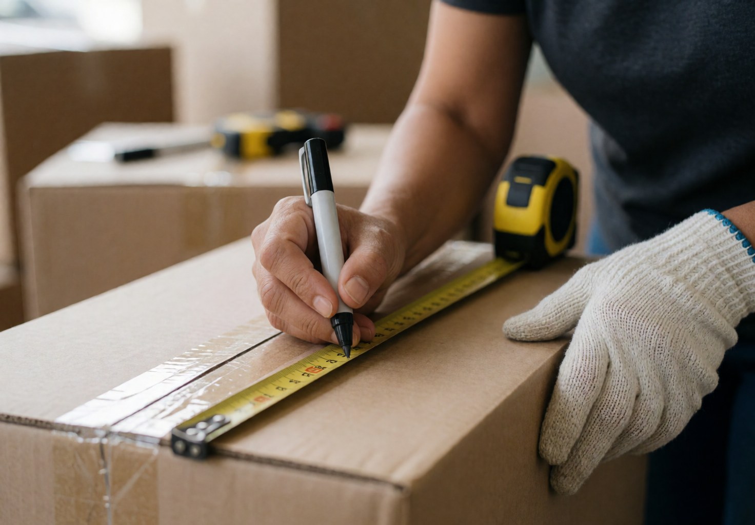 A woman wearing work gloves measures and marks a cardboard box with a ruler and marker, surrounded by other boxes and tools in a professional moving scene.