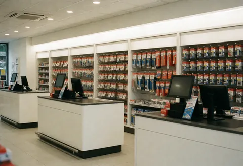 A cash register sitting on a counter inside a hardware store, surrounded by various tools and supplies for sale.