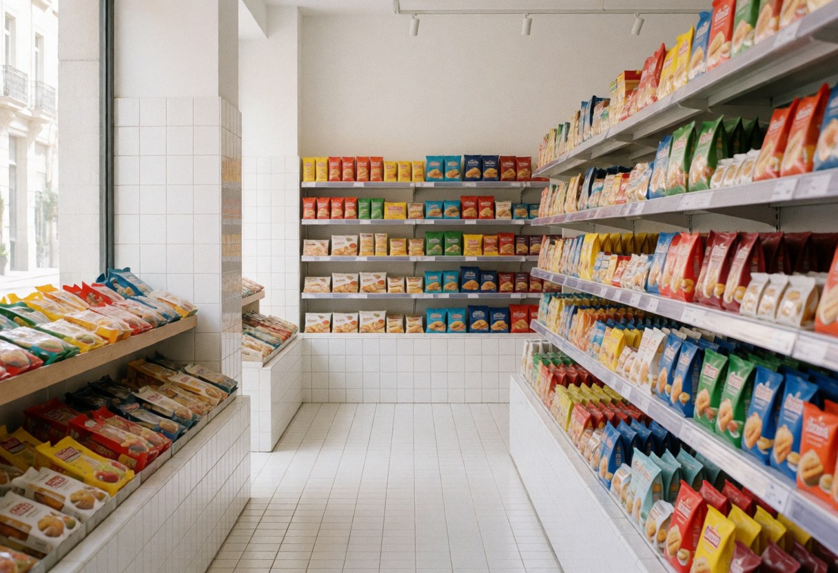 Clean and organized minimarket aisle featuring colorful shelves filled with products, white walls, white floor, and natural lighting.