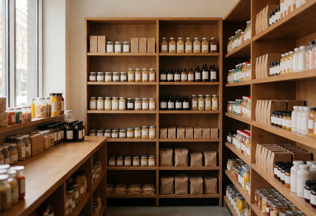 Interior of a grocery store featuring wooden shelves filled with natural products, bottles, and bags, illuminated by natural light from a large window.