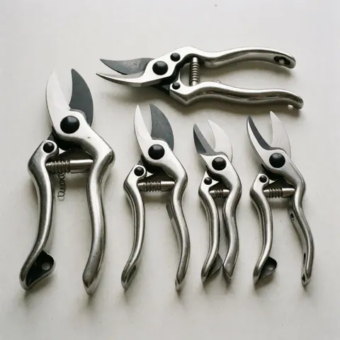 Professional stainless steel pruning shears and garden tools arranged neatly on a dark gray slate background for landscaping business use
