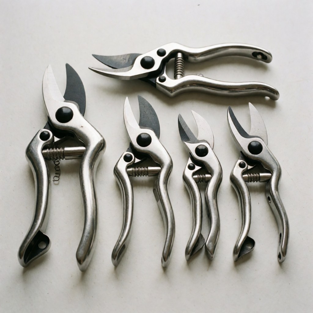 Professional stainless steel pruning shears and garden tools arranged neatly on a dark gray slate background for landscaping business use