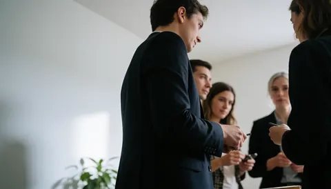 Group of professionals in business attire engaging in a training session within a bright, minimalist room with white walls and ample copy space on the left.