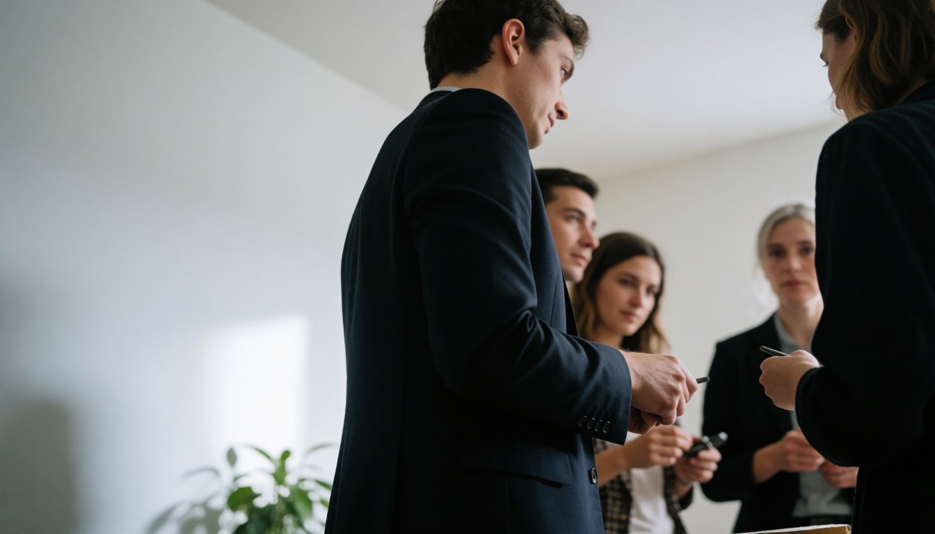 Group of professionals in business attire engaging in a training session within a bright, minimalist room with white walls and ample copy space on the left.