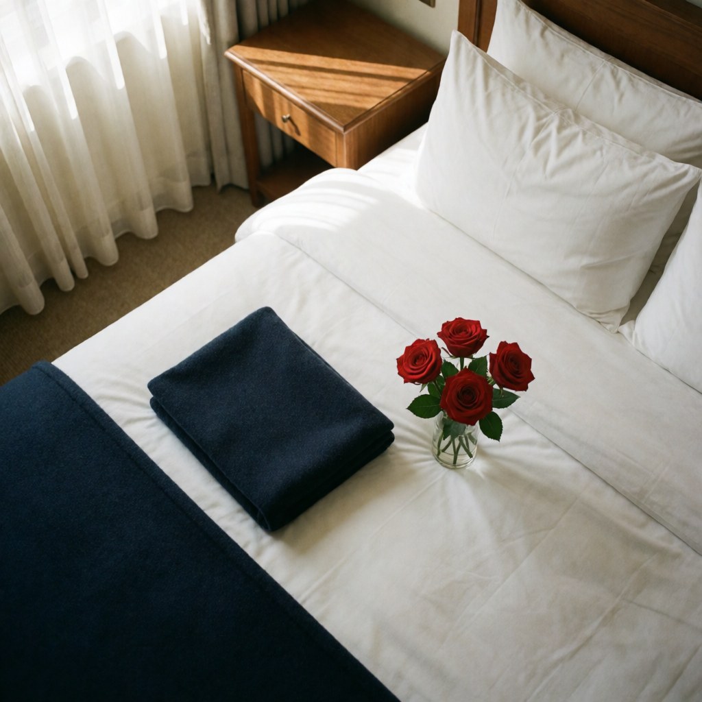 Neatly made hotel bed with white sheets, navy blue runner, and a small vase of red roses near a window with natural light