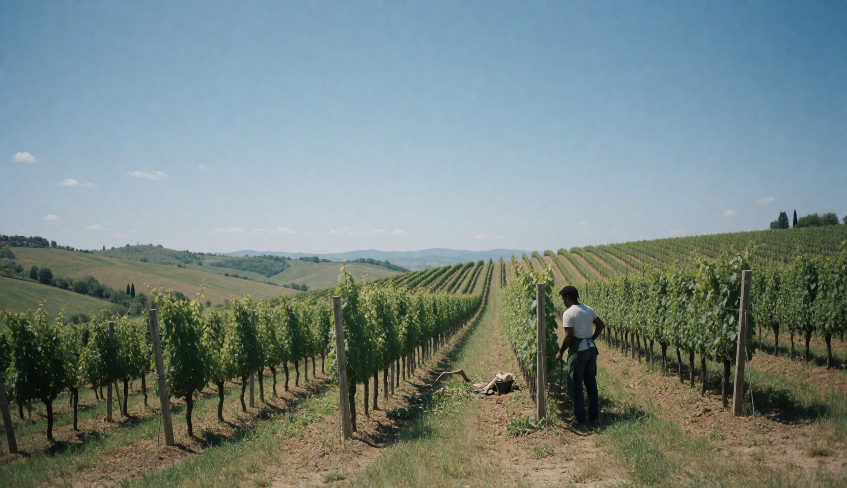 A scenic Italian vineyard landscape featuring rows of grapevines under a clear blue sky, ideal for agriculture and wine business websites.