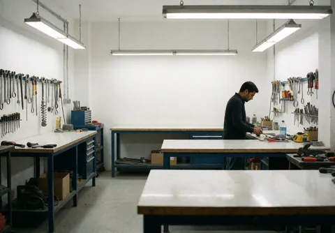 A clean and organized industrial workshop featuring a workbench with various tools, metal and wood elements, and bright LED lighting against a white background.