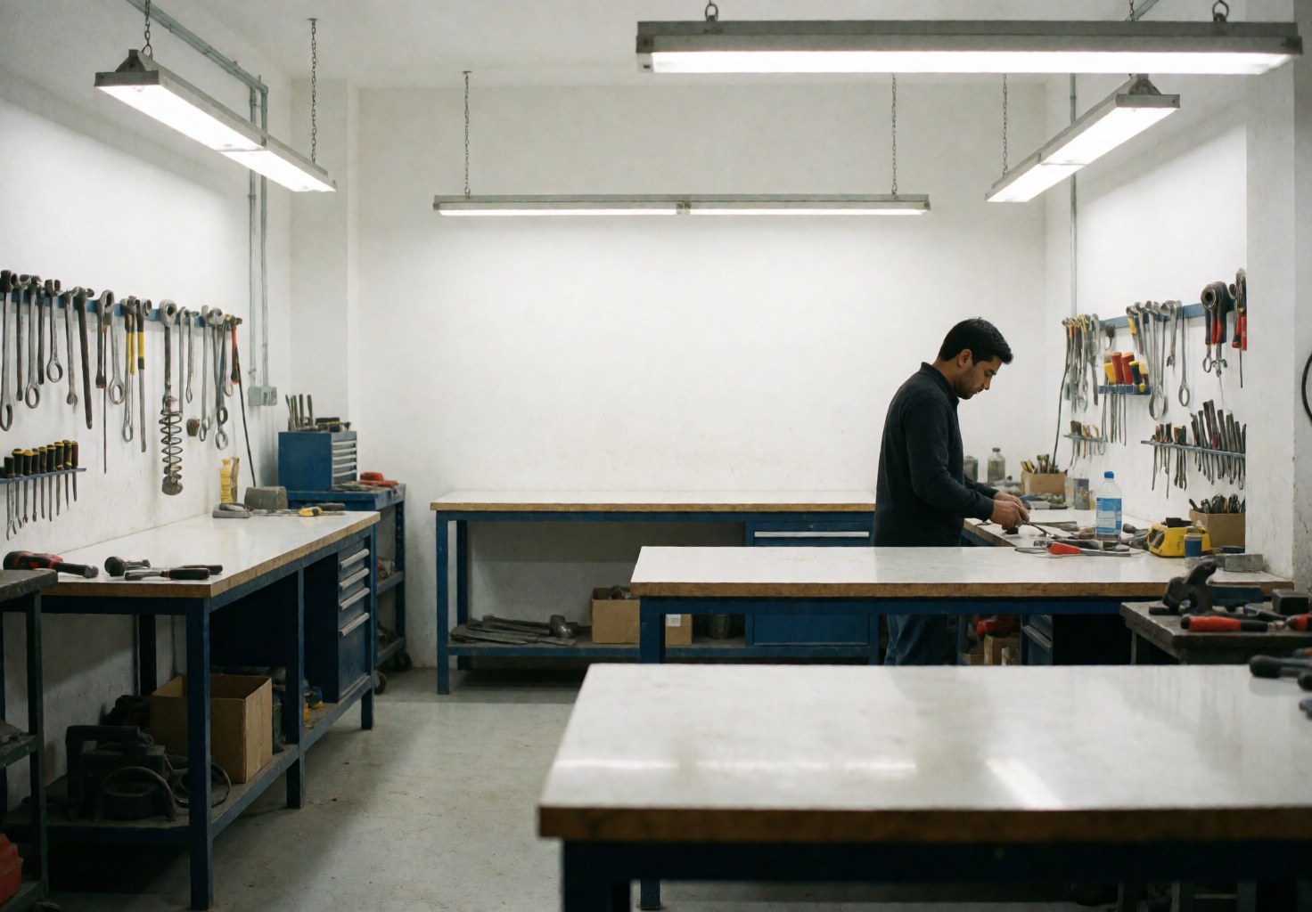 A clean and organized industrial workshop featuring a workbench with various tools, metal and wood elements, and bright LED lighting against a white background.