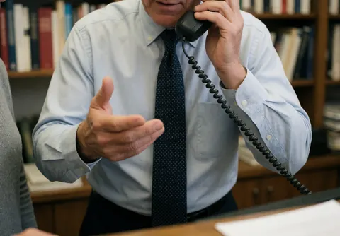 A male receptionist in an office setting holding a phone to his ear and gesturing with his hand while speaking, with bookshelves visible in the background.