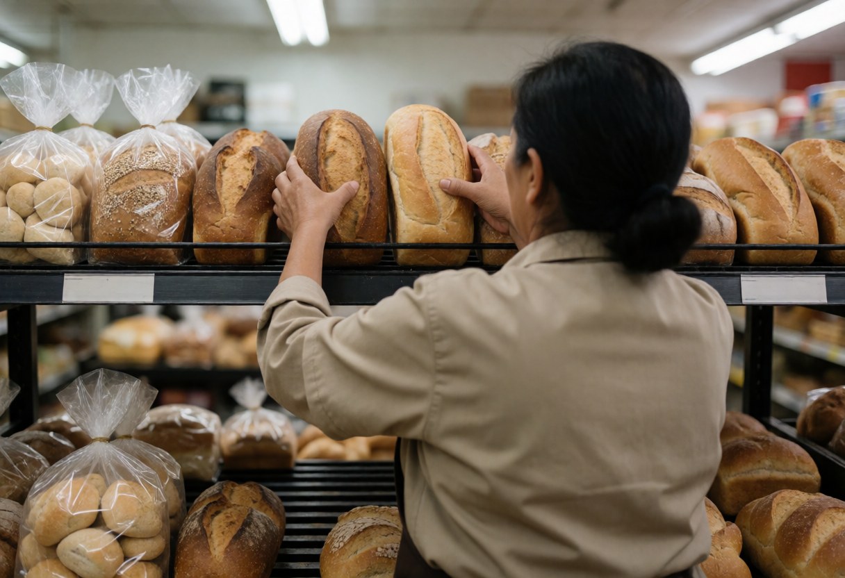 A woman arranging loaves of fresh bread on a shelf in a small grocery store with soft lighting and realistic ambiance.