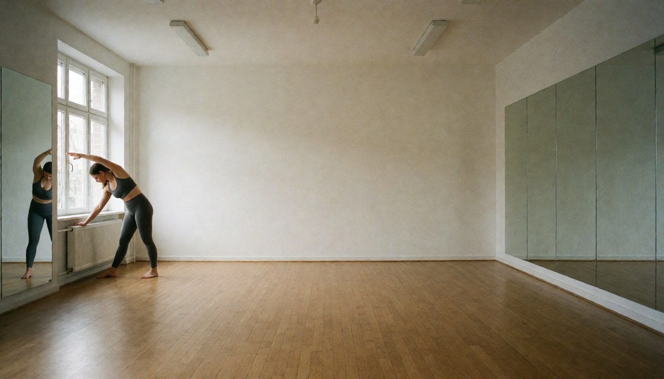 A clean and minimalist pilates studio space with neutral tones, designed for flexibility and calm exercise.