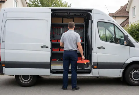Professional technician retrieving a tool box from a white service van parked on a residential street on a sunny day.