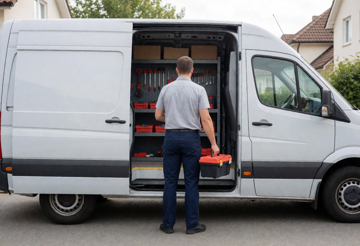 Professional technician retrieving a tool box from a white service van parked on a residential street on a sunny day.