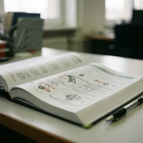 Open driving theory textbook on an office desk with illustrated diagrams and a pencil beside it under natural light