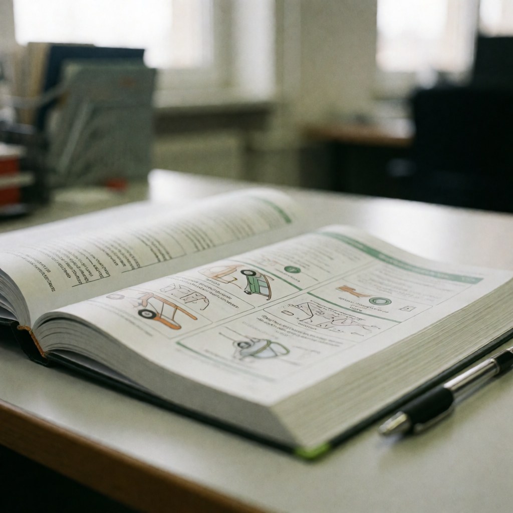 Open driving theory textbook on an office desk with illustrated diagrams and a pencil beside it under natural light