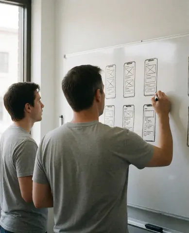 Two developers in an office, one sketching app wireframes on a whiteboard while the other observes, with natural light from a window