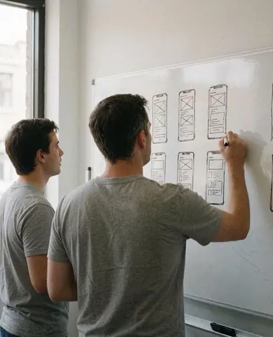 Two developers in an office, one sketching app wireframes on a whiteboard while the other observes, with natural light from a window