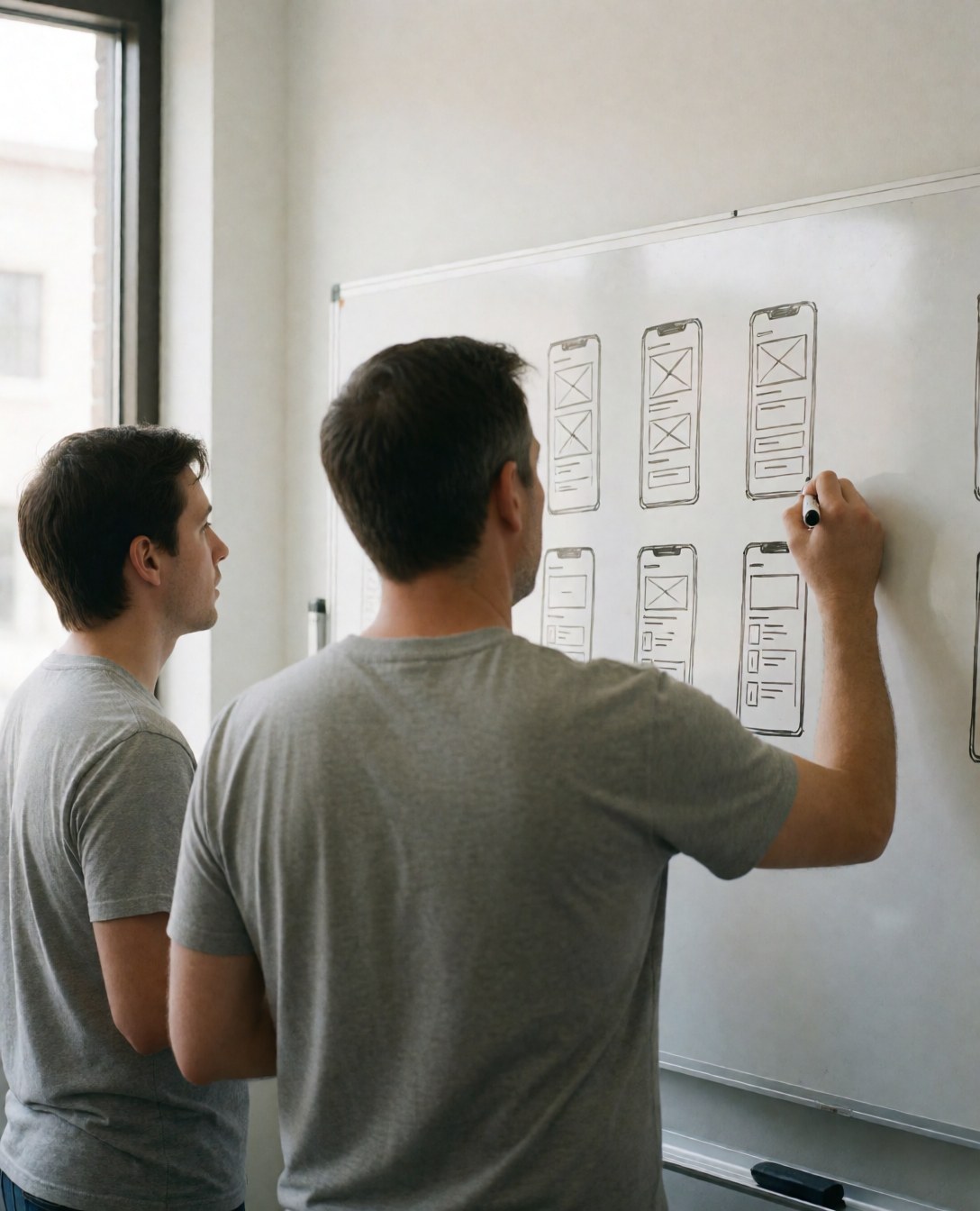 Two developers in an office, one sketching app wireframes on a whiteboard while the other observes, with natural light from a window