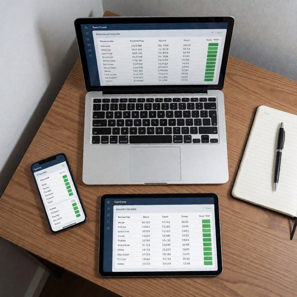 Wooden desk with laptop, smartphone, and tablet displaying green server dashboard indicators, ideal for software and startup product imagery