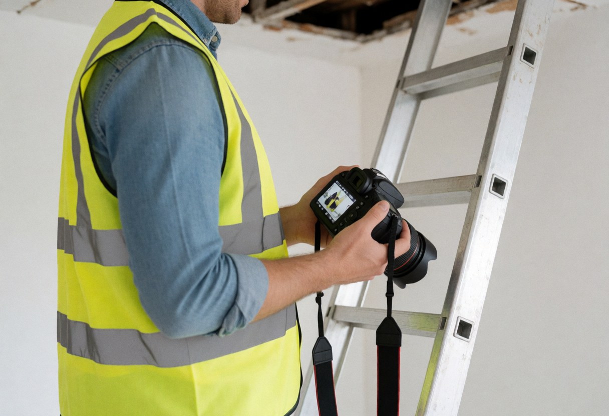 A professional inspector in a reflective vest reviews photos on a camera while performing field work for a construction company