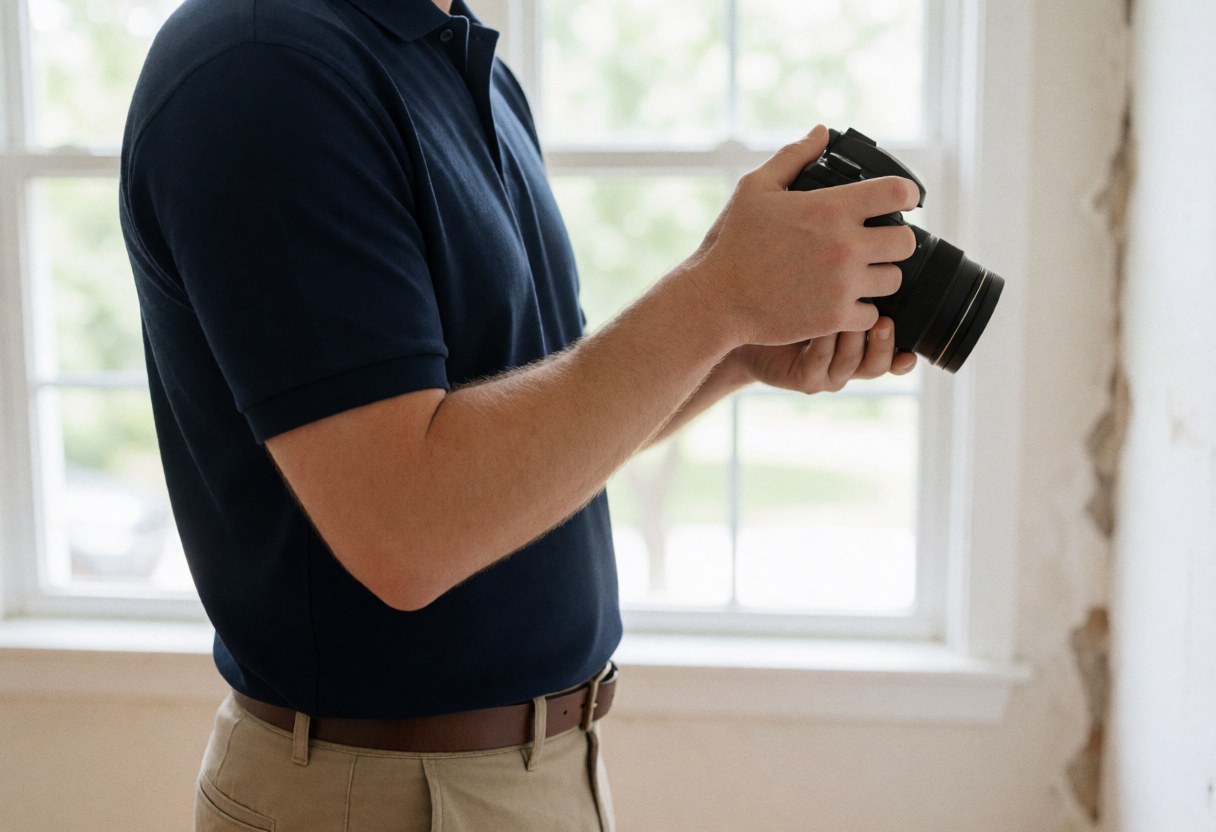 Inspector in professional attire taking photos of a damaged interior wall with natural light from a window and visible tools