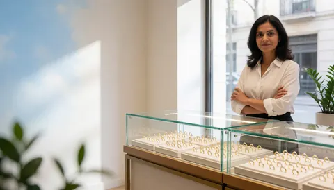 A modern jewelry store interior featuring a glass display case with ample empty space for text overlay, surrounded by green plants and elegant decor.