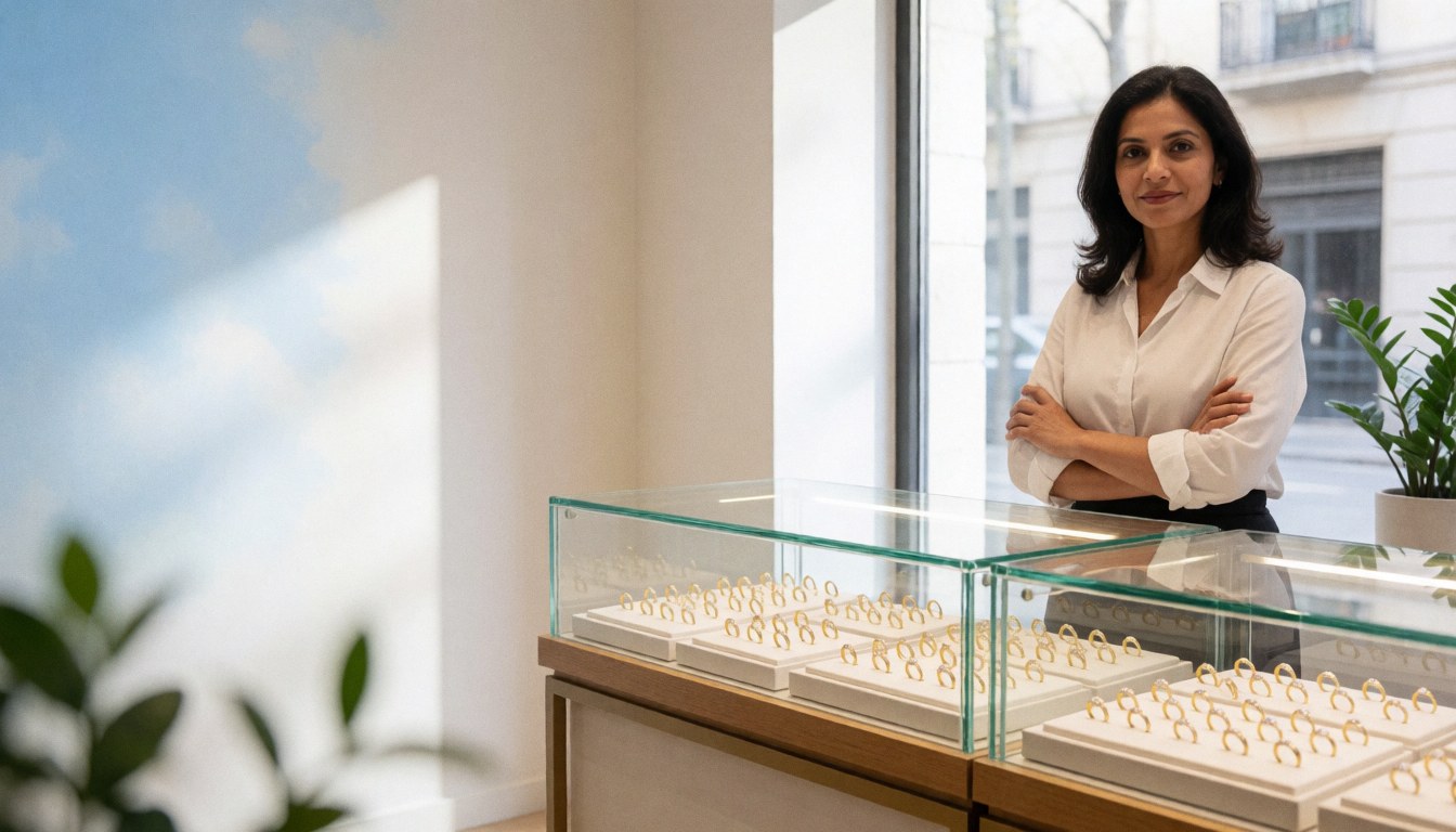 A modern jewelry store interior featuring a glass display case with ample empty space for text overlay, surrounded by green plants and elegant decor.