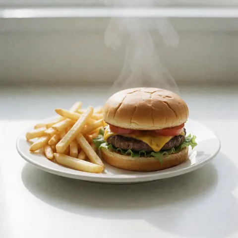 A juicy hamburger served with golden crispy french fries on a white plate, representing classic fast food.