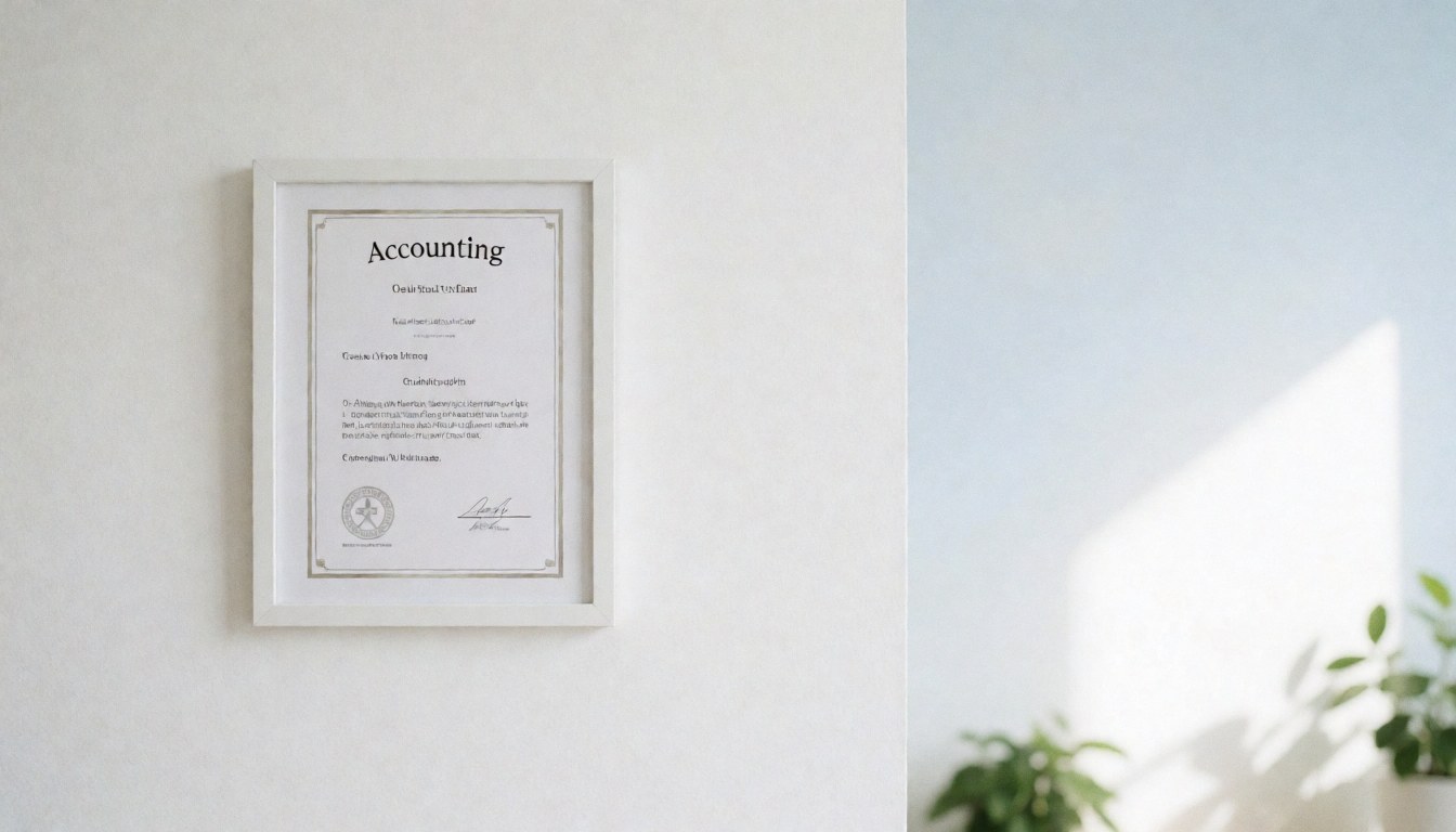 A framed accounting certificate hangs on a white wall with natural light and empty space on the right for text, ideal for accounting businesses.