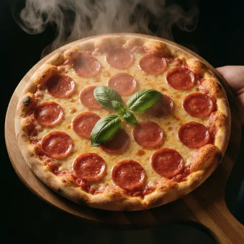 Steaming pepperoni pizza with melted cheese and fresh basil leaves served on a rustic wooden board against a dark background with warm lighting