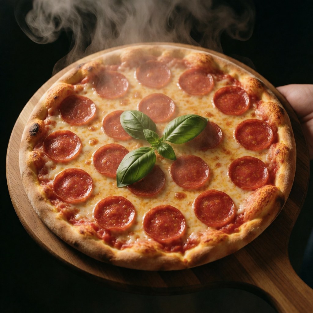 Steaming pepperoni pizza with melted cheese and fresh basil leaves served on a rustic wooden board against a dark background with warm lighting