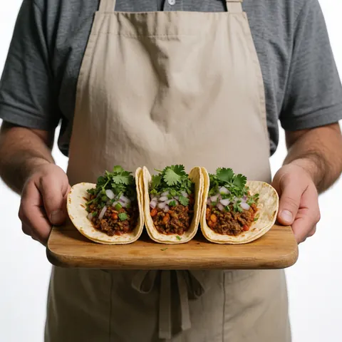A close-up view of fresh tacos arranged on a rustic wooden cutting board, garnished with cilantro and onion, ready to be served.