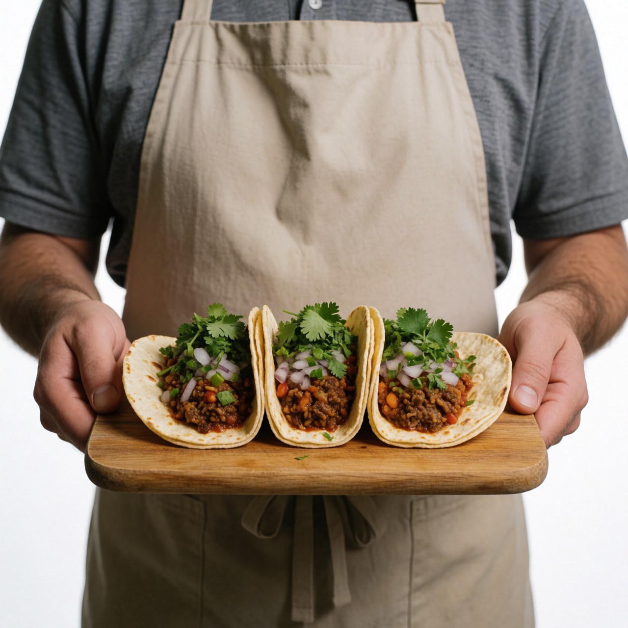 A close-up view of fresh tacos arranged on a rustic wooden cutting board, garnished with cilantro and onion, ready to be served.