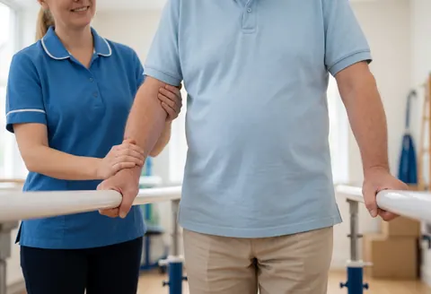 An older adult patient uses parallel bars for gait rehabilitation during a physical therapy session in a bright clinic room.