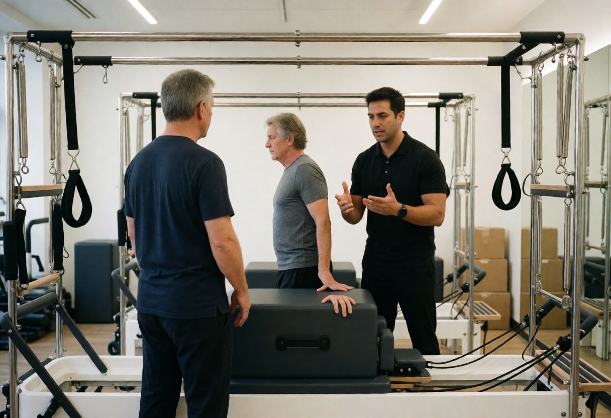 A Pilates instructor explains an exercise to a client using a reformer machine in a modern gym with clinical lighting and visible equipment.