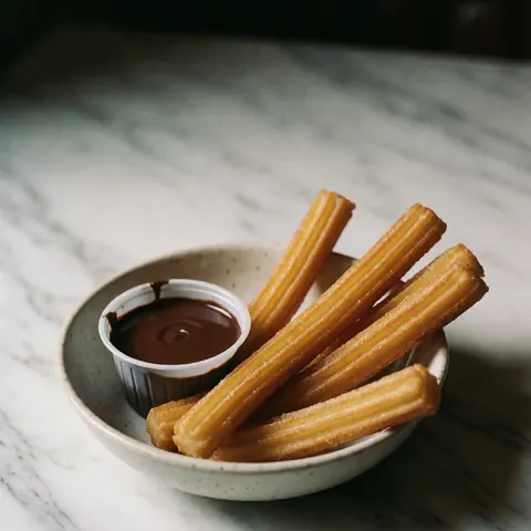 A plate of golden fried churros served with a side of rich melted chocolate for dipping, presented on a marble table in a fast food setting.