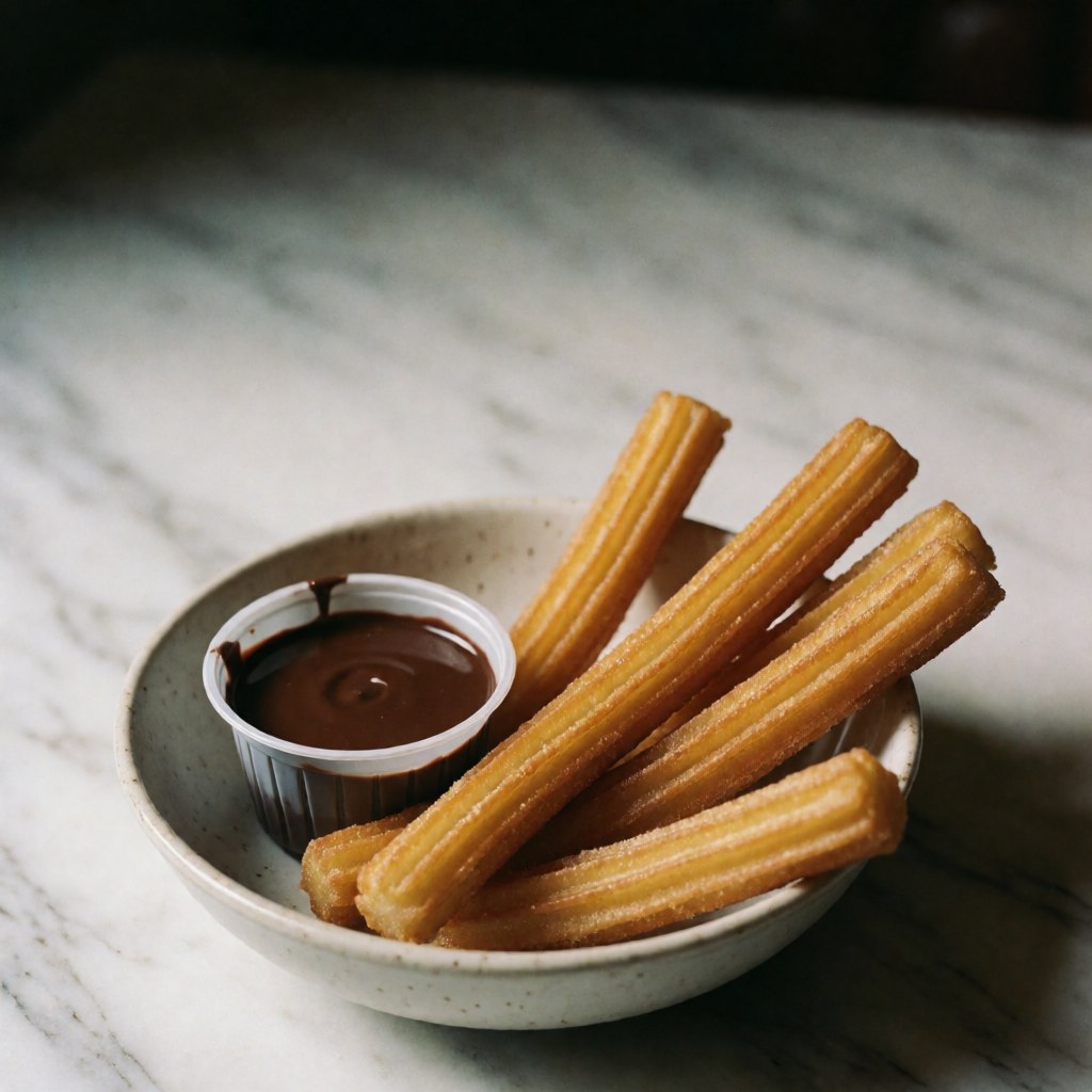 A plate of golden fried churros served with a side of rich melted chocolate for dipping, presented on a marble table in a fast food setting.