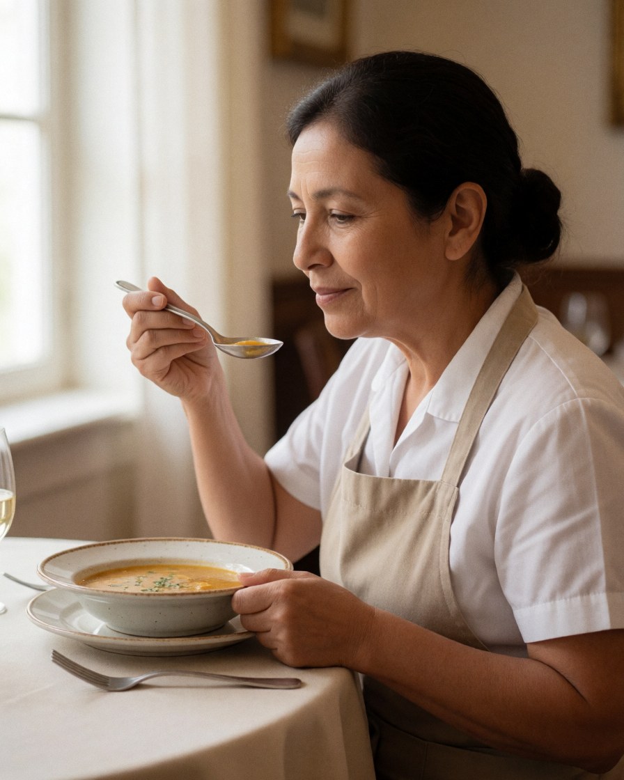 A happy customer enjoying a hot meal at a restaurant table near a window with natural light, highlighting quality catering service for events and gatherings