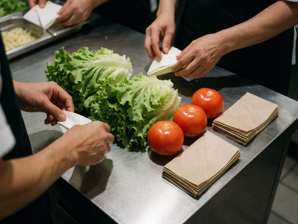 Worker hands preparing fast food on a stainless steel table with lettuce, tomatoes, and wrappers. A clean and professional kitchen scene.